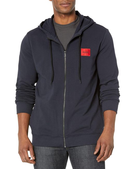 HUGO Blue Regular Fit Square Logo Jersey Hooded Zip Up Sweatshirt for men