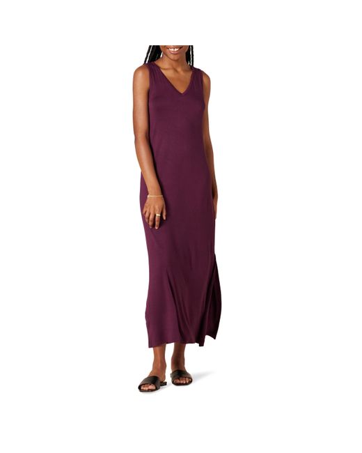 Vestido Largo de Punto sin gas con Cuello en Pico Mujer Amazon Essentials de color Purple