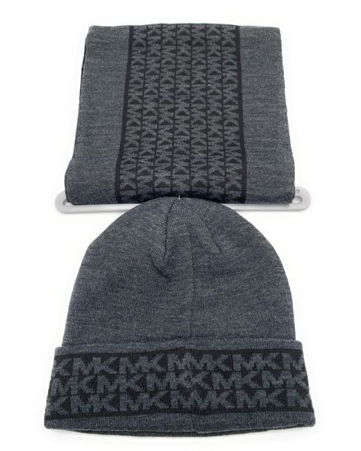 Michael Kors Gray SET Schal&Mütze I I Winterschal I Beanie I Wollschal I Wintermütze I One Size I Weiche Acrylwolle I Logo I Hat and Scarf