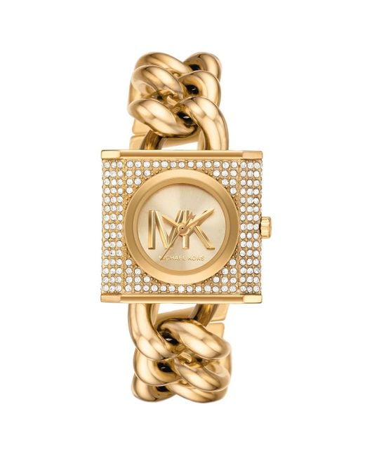 Orologio mini a lucchetto tonalità oro con pavé e bracciale a catena di Michael Kors in Metallic
