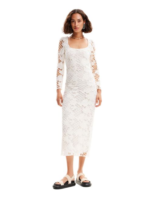 Desigual Sandalo Long Sleeved White Crochet Lace Fitted Midi Dress 24swvw50 Size M