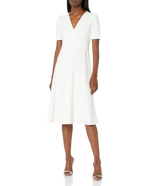 Tommy Hilfiger White Scuba Crepe Structured Short Puff Sleeve Dress