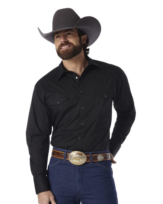 Wrangler Black Mens Sport Western Basic Two Pocket Long Sleeve Snap Button Down Shirts for men