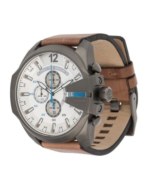 DIESEL Gray Mega Chief Stainless Steel And Leather Chronograph Watch for men