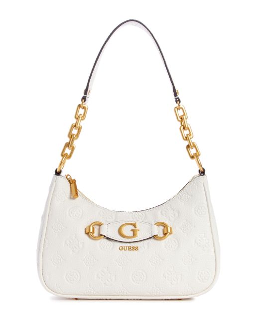 Guess White Izzy Peony Top Zip Shoulder Bag stone logo