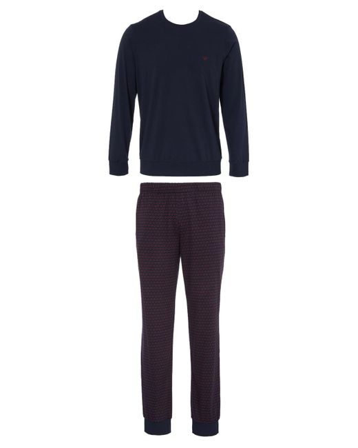 Emporio Armani Blue Pattern Mix Pyjama Long Sleeve Pants Pajama Set for men