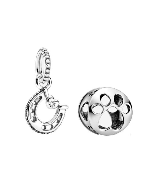 Pandora Metallic Glückshufeisen Charm-Anhänger + Offen gearbeiteter Hundepfotenabdruck Charm aus Sterling Silber mit Zirkonastein verziert