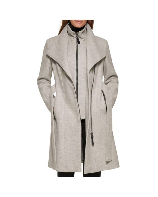 Calvin Klein Gray Faux Leather Trim Belted Wrap Coat Light Grey Lg