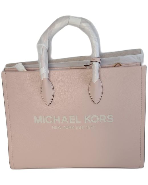 Michael Kors Natural MK Mirella Medium Pebbled Leather Shoulder Tote Bag Powder Blush