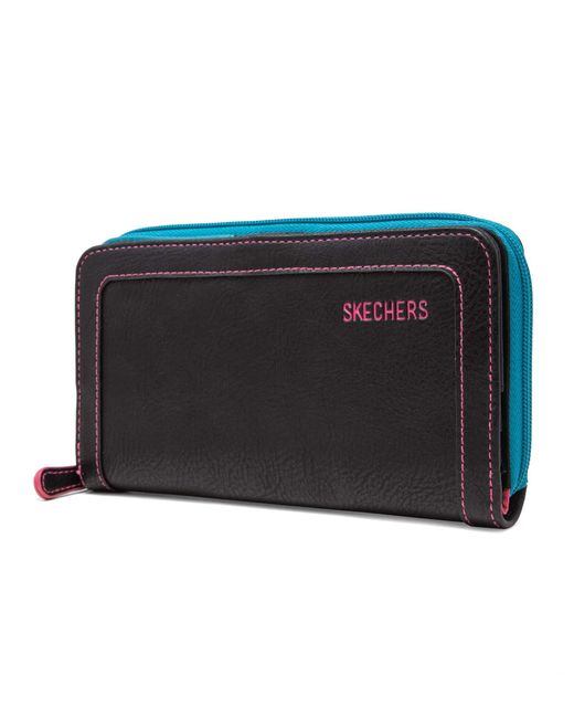 Skechers Black Large Zip Around Rfid Wallet Clutch Travel Accessory-bi-fold