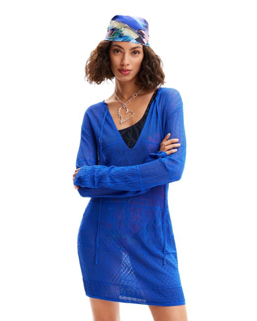Desigual El Cairo Beach Long Sleeve Tunic Dress 24swmf03 Blue Size S