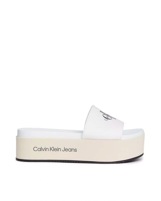 Calvin Klein White Flatform Sandal Monogram Yw0yw01036 Flat