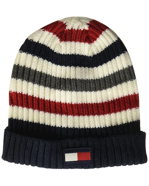 Tommy Hilfiger Red Striped Ribbed Beanie Hat for men