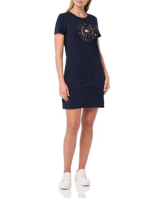 Tommy Hilfiger Blue Short Sleeve Metallic Logo Cotton T-shirt Dress Casual