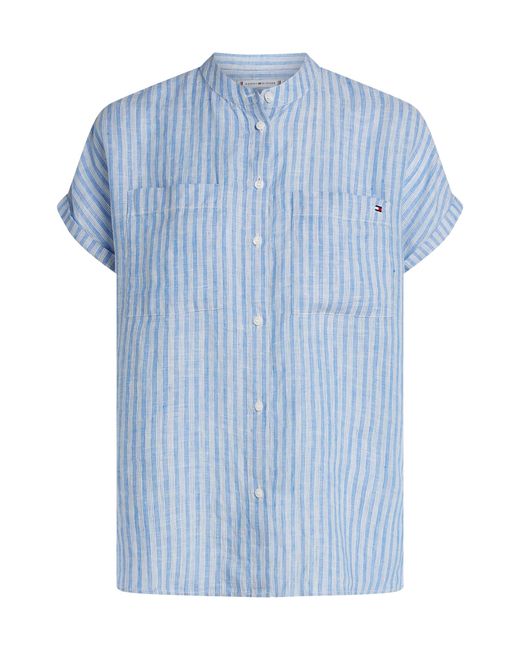 Tommy Hilfiger Ess Linnen Kraagloze S/s Blouse Ww0ww44715 in het Blue