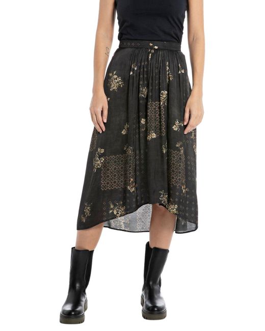 Replay Black W9869 All Over Printed Viscose Plain Skirt