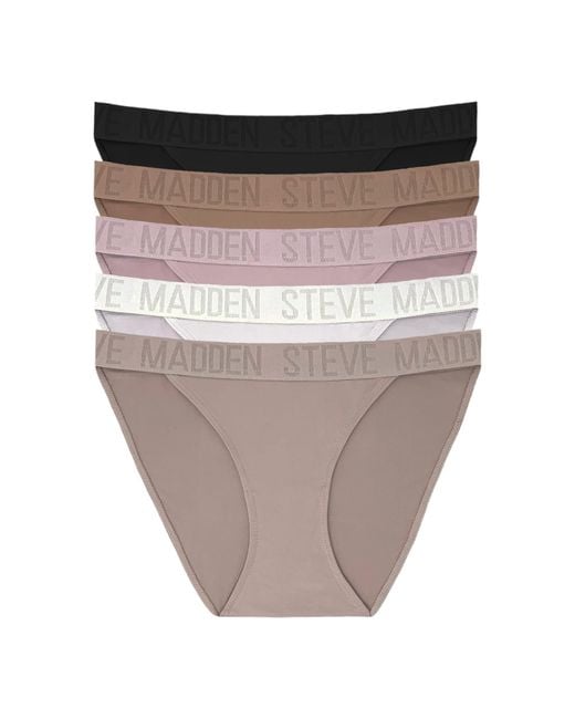 Steve Madden Logo Tanga Panty 5 Pack in Brown