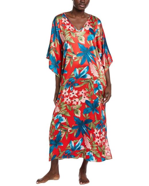 Natori Satin Butterfly Caftan Length 52",red,extra