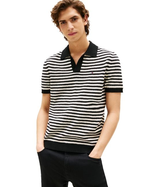 Tommy Hilfiger Black Short Sleeve V-neck Knit Polo Shirts In Regular Fit With Stretch for men