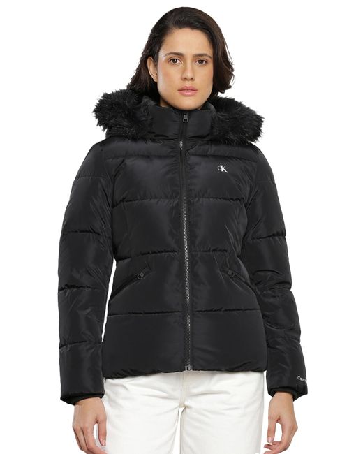 Calvin Klein Black Jacke Faux Fur Hooded Fitted Short Winterjacke