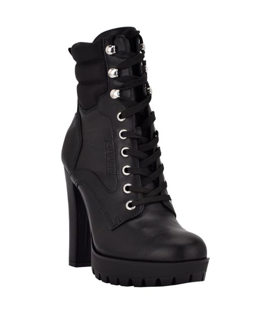 Guess Talore Heeled Hikers Lug Sole Lace Up Bootie in Black | Lyst