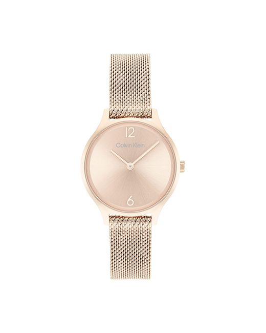 Calvin Klein White Analogue Quartz Watch For Women With Carnation Gold Colored Stainless Steel Mesh Bracelet - 25200059