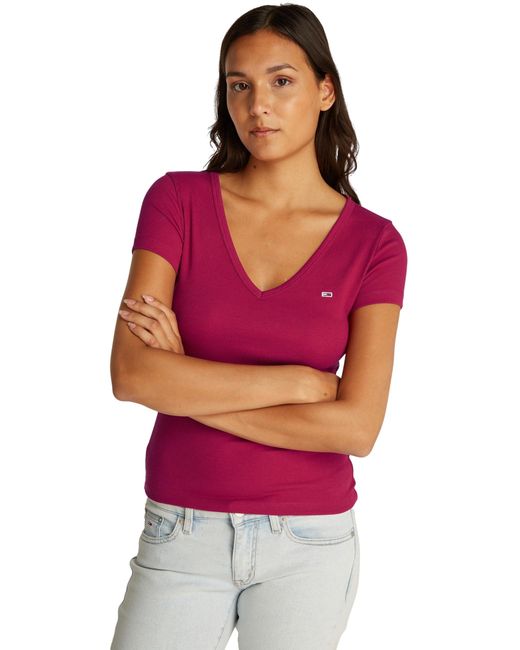 T-Shirt iche Corte Donna Slim Scollo a V di Tommy Hilfiger in Red