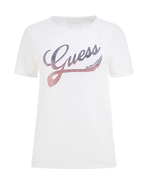 Guess White T-Shirt Kurzarm mit Strass-Logoaufdruck