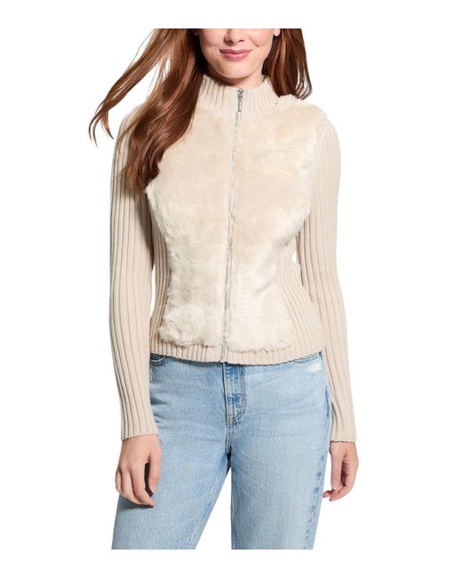 Guess Blue Long Sleeve Fur Mix Zip Front Mila Cardigan