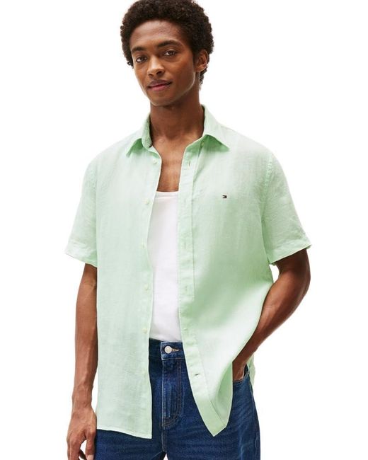Tommy Hilfiger Green Short Sleeve Casual Linen Button Down Shirts In Regular Fit for men