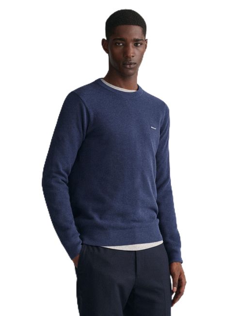 Gant Blue Cotton Pique C-neck Pullover Sweater for men