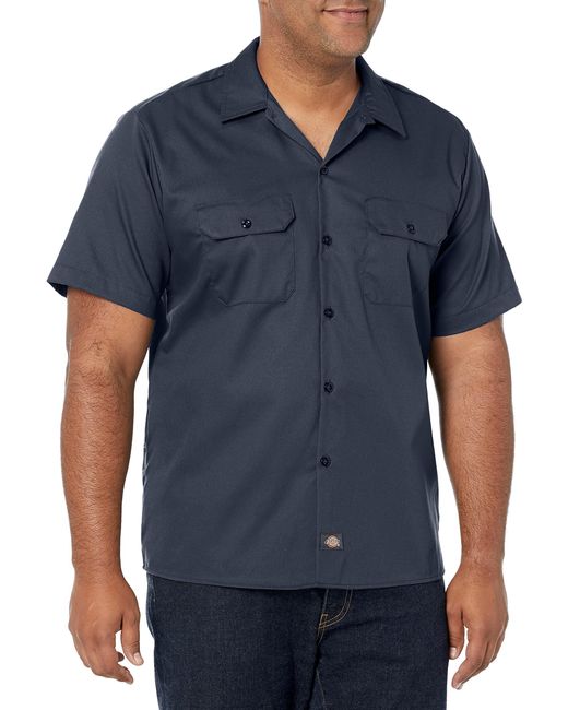 Dickies Blue Mens Short-sleeve Flex Work Slim Fit Button Down Shirt for men