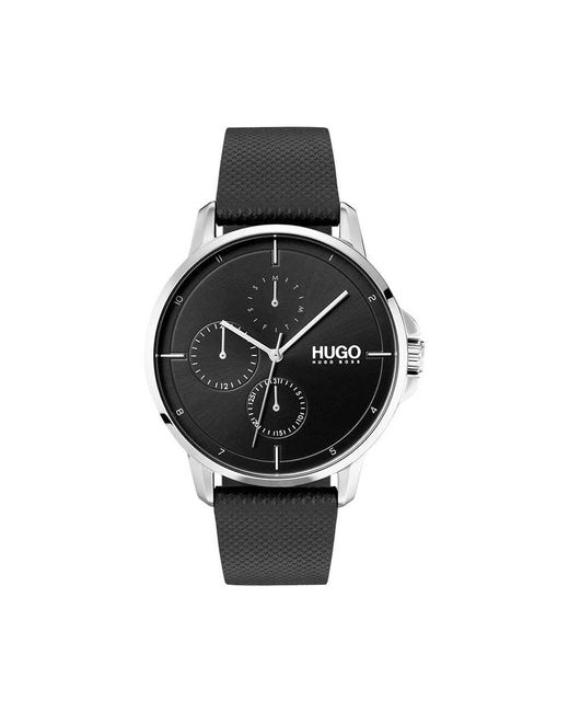 HUGO Black #focus Quartz Stainless Steel And Leather Strap Casual Watch for men