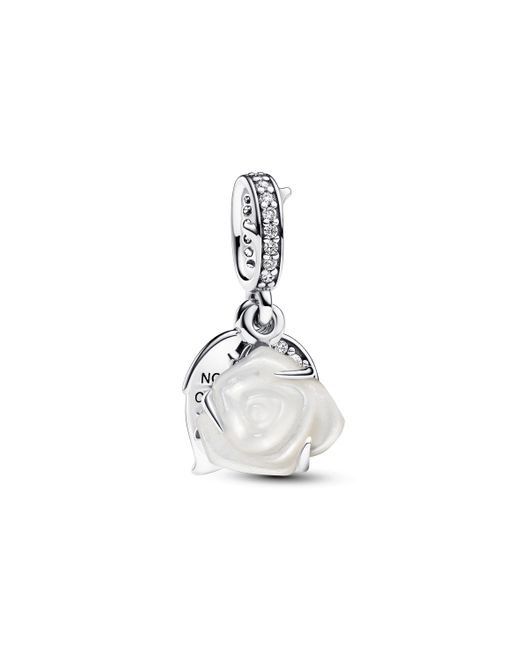 Pandora Moments White Rose Sterling Silver Double Dangle With White Bioresin Man-made Mother Of Pearl And Clear Cubic Zirconia