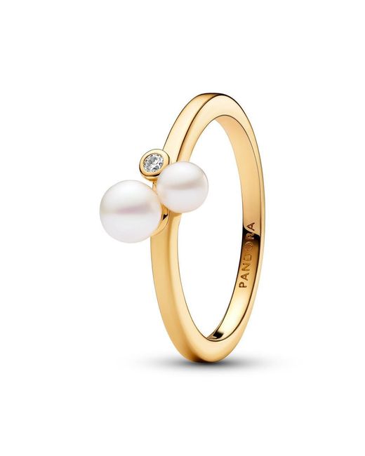 Pandora Metallic Timeless 14k Gold-plated Ring With White Treated Freshwater Cultured Pearl And Clear Cubic Zirconia