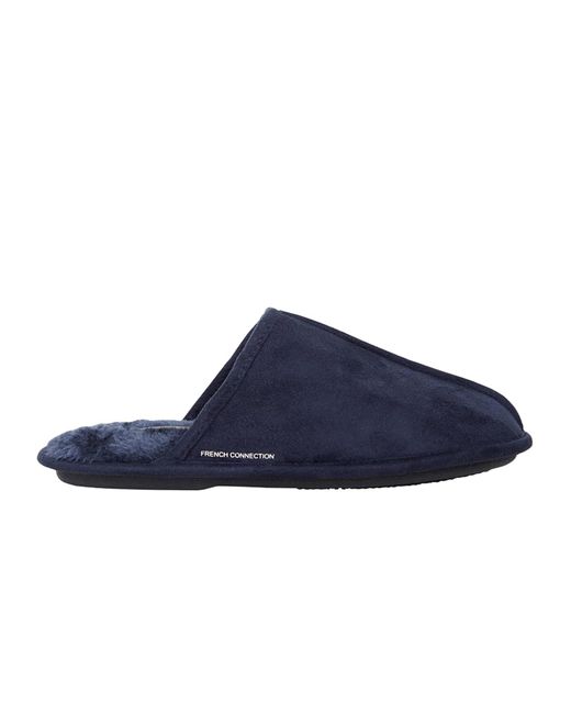 French Connection Blue Mule Slippers Soft Faux Fur Lightly Cushioned Footbed
