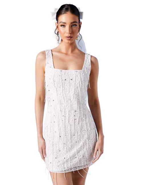 Coast White Sequin And Fringe Embellished Bridal Mini Dress
