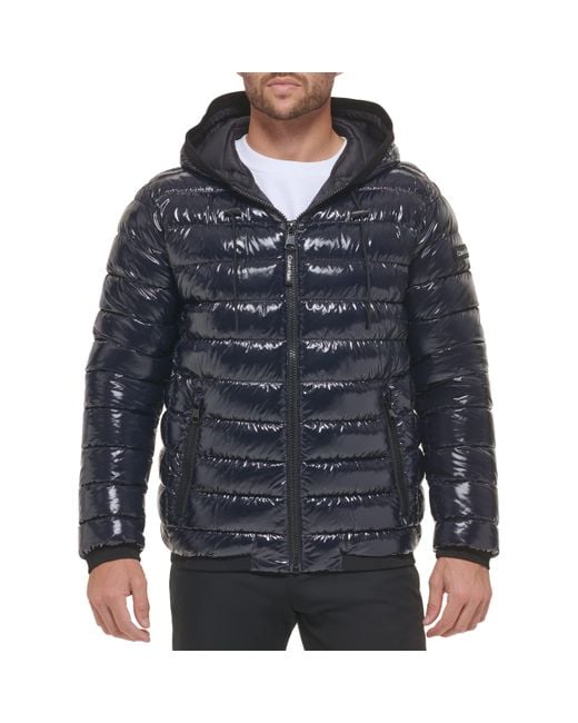 Calvin Klein Blue Hooded Super Shine Puffer Jacket for men