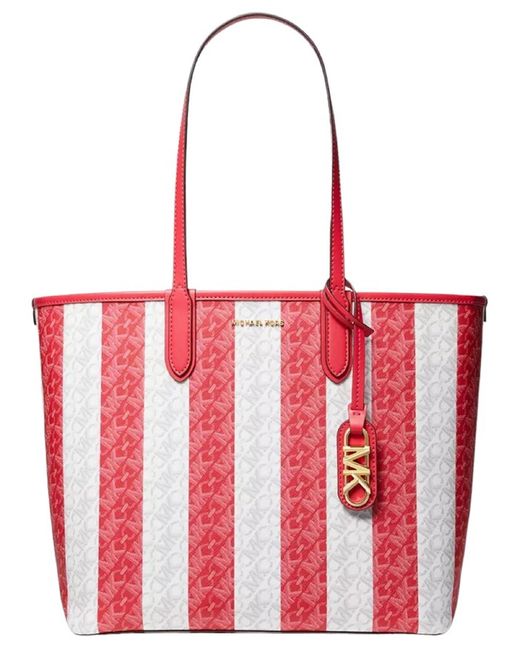 Michael Kors Red Striped Eliza Logo X Large East West Reversible Tote