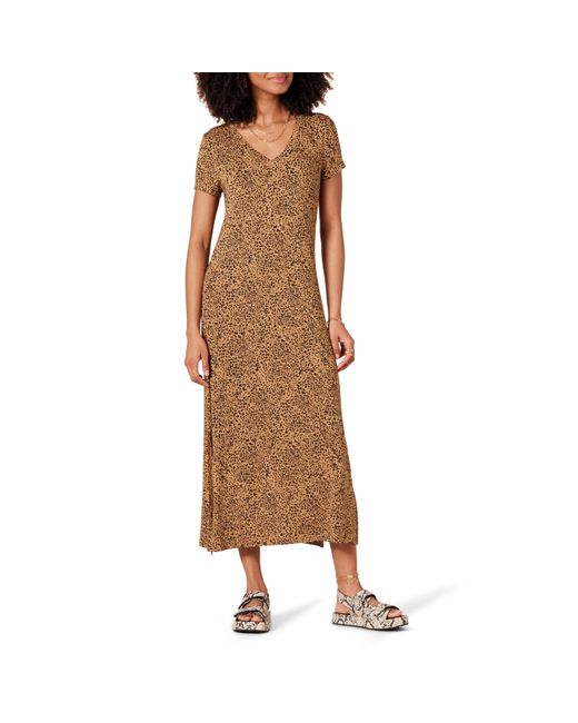 Vestido Midi de Punto de ga Corta con Escote en Pico Mujer Amazon Essentials de color Brown