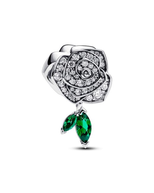 Pandora White Moments Rose Sterling Silver Charm With Clear Cubic Zirconia And Royal Green Crystal