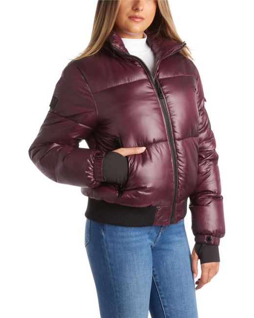 Steve Madden Red Insulated Quilted Moto Puffer Jacket- Heavyweight Outerwear Bomber Jacket For