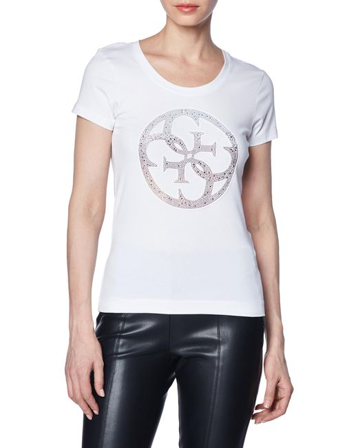 Guess White Short Sleeve Round Neck Satin Triangle Tee