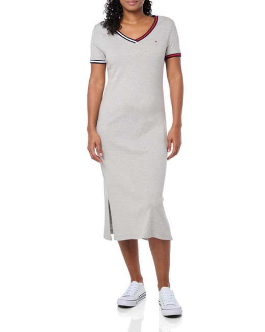 Tommy Hilfiger Gray V-neck Stripe Trim Midi T-shirt Dress Casual