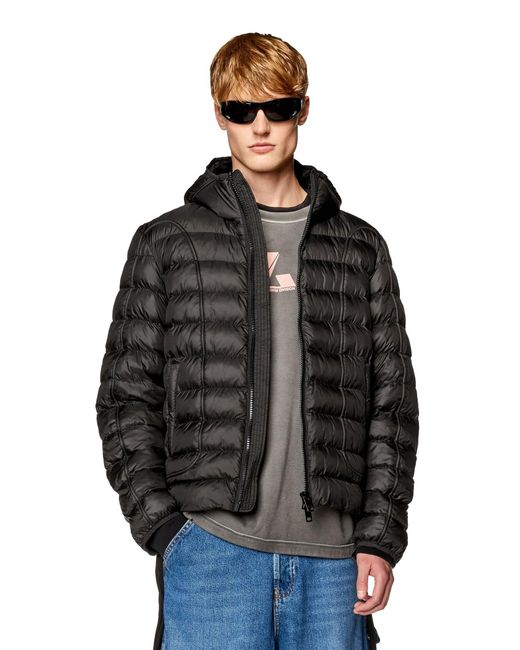 DIESEL Black Hooded Nylon Puffer Jacket With Piping for men