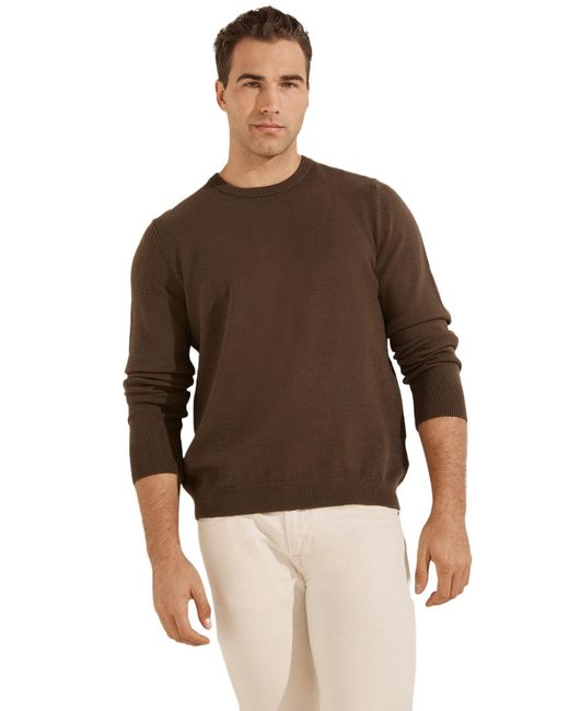 Guess Brown Esentials Long Sleeve Jersey Stitch Liam Crewneck for men