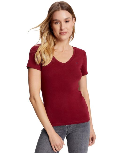T-shirt à col en V pour femme avec logo de couleur, Tommy Hilfiger en coloris Red