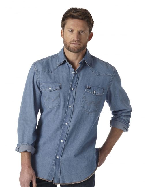 Wrangler Blue Cowboy Cut Western Long Sleeve Snap Work Shirt Washed Finish Shirt for men