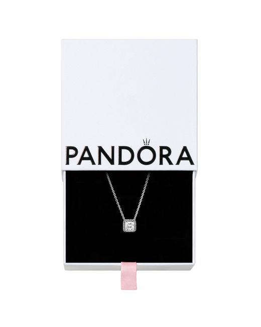 Pandora Black Timeless Sterling Silver Square Sparkle Halo Cubic Zirconia Pendant Necklace