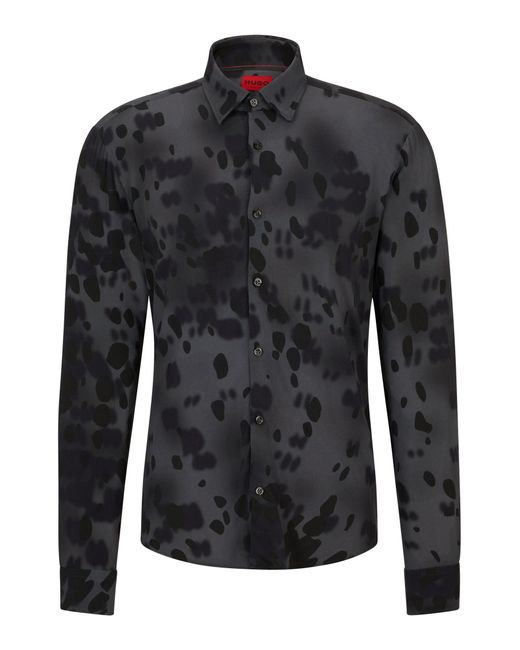 HUGO Black Slim-fit Shirt In Seasonal-print Canvas for men